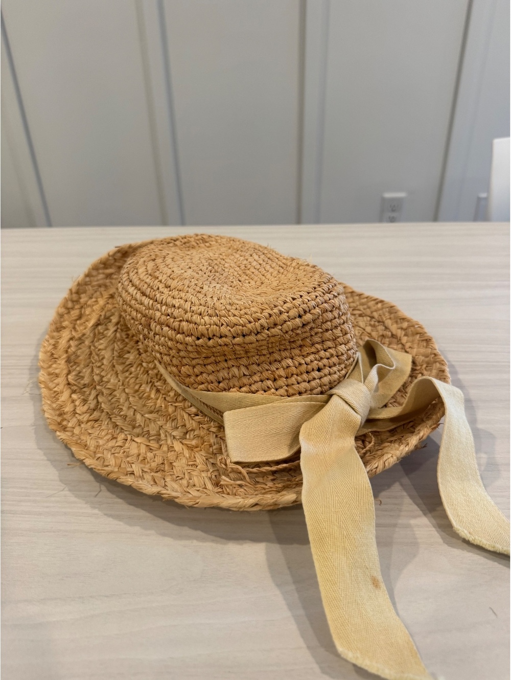 SCALA Natural Woven Straw Sun Hat Wide Brim Beige Ribbon Bow Women's